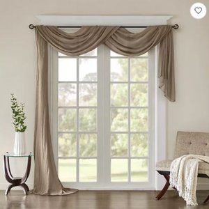 Madison Park Harper Solid Crushed Sheer 144-Inch Scarf Window Valance in Taupe